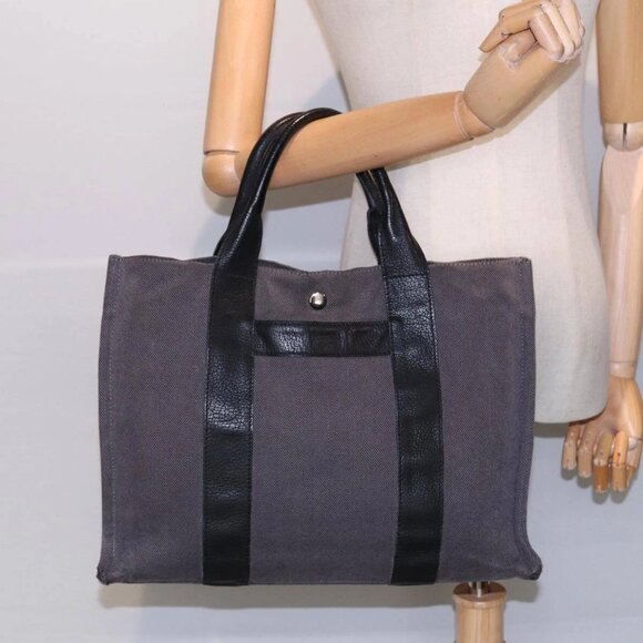 HERMES Sac Arne MM Hand Bag Canvas Leather Gray Silver Auth - Picture 1 of 16